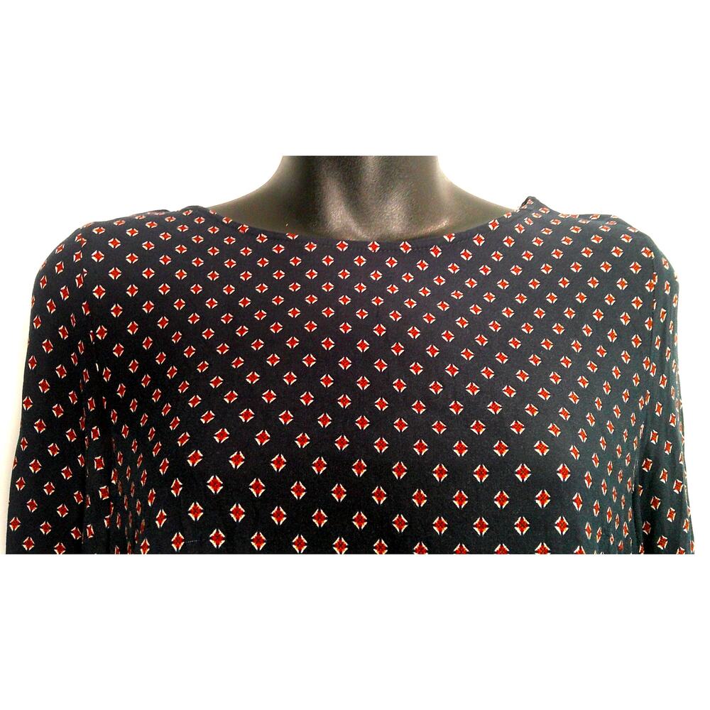 H&M Jual Tie Sleeve Midi Patterned Dress Women's 6 Round Neck Navy Red - Picture 2 of 8